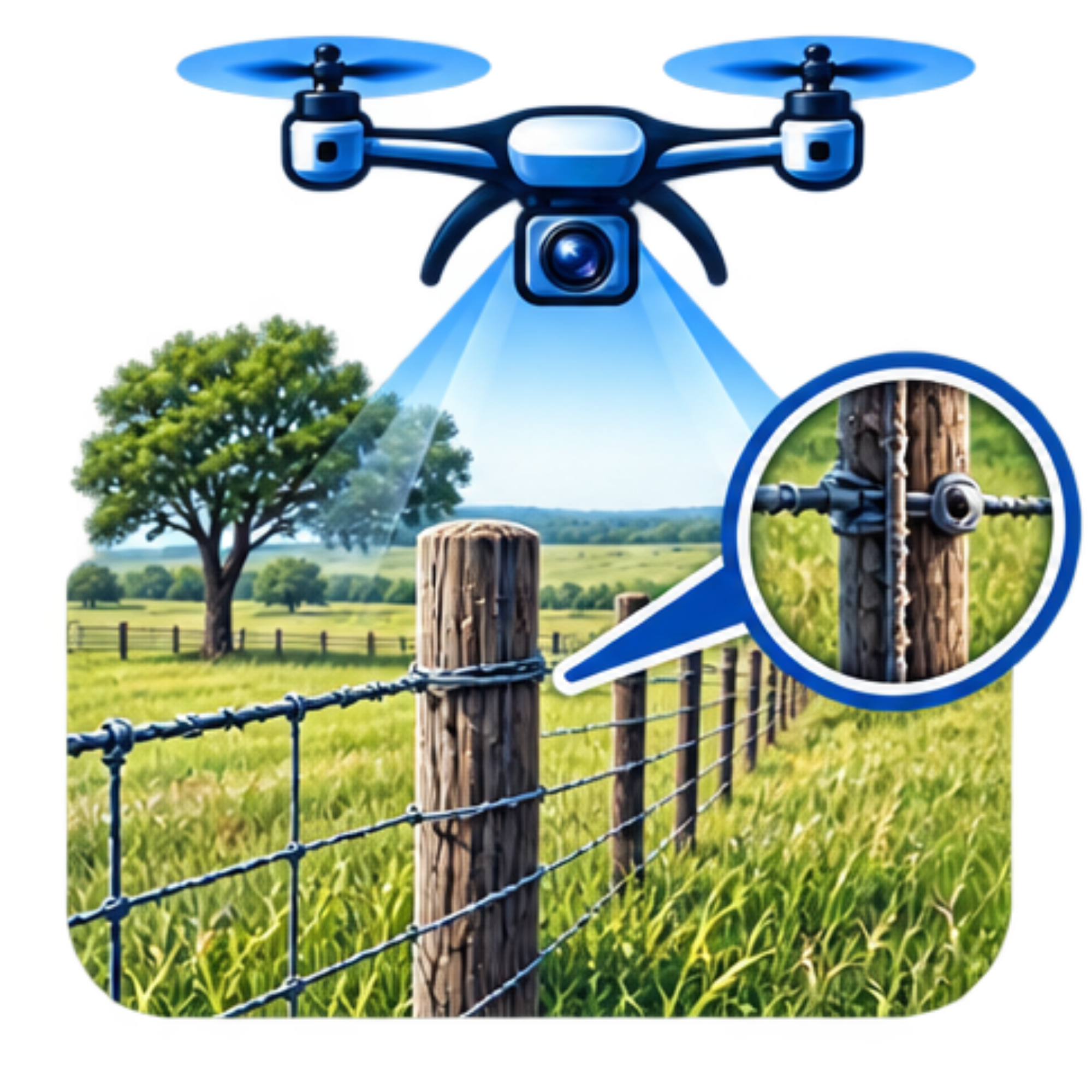 Close-up of a drone flying over a green field with trees and wooden posts, with a circular inset showing a close-up of a wooden post on a fenced field.