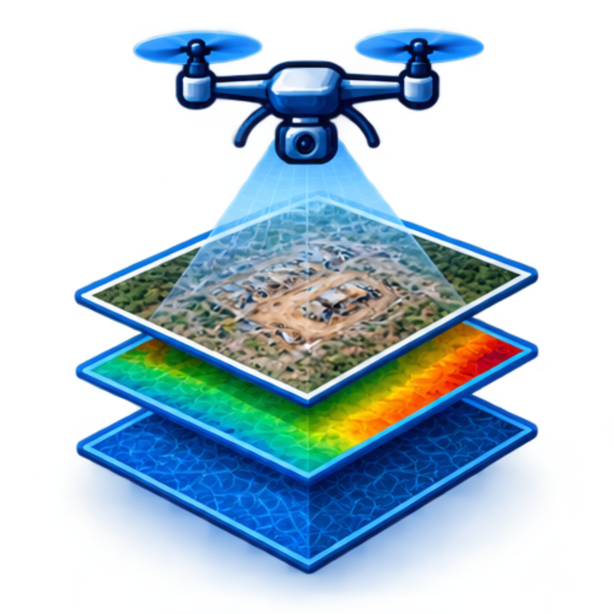 Futuristic digital rendering of a drone with a camera, overlaid on top of satellite map images and colorful data visualizations.