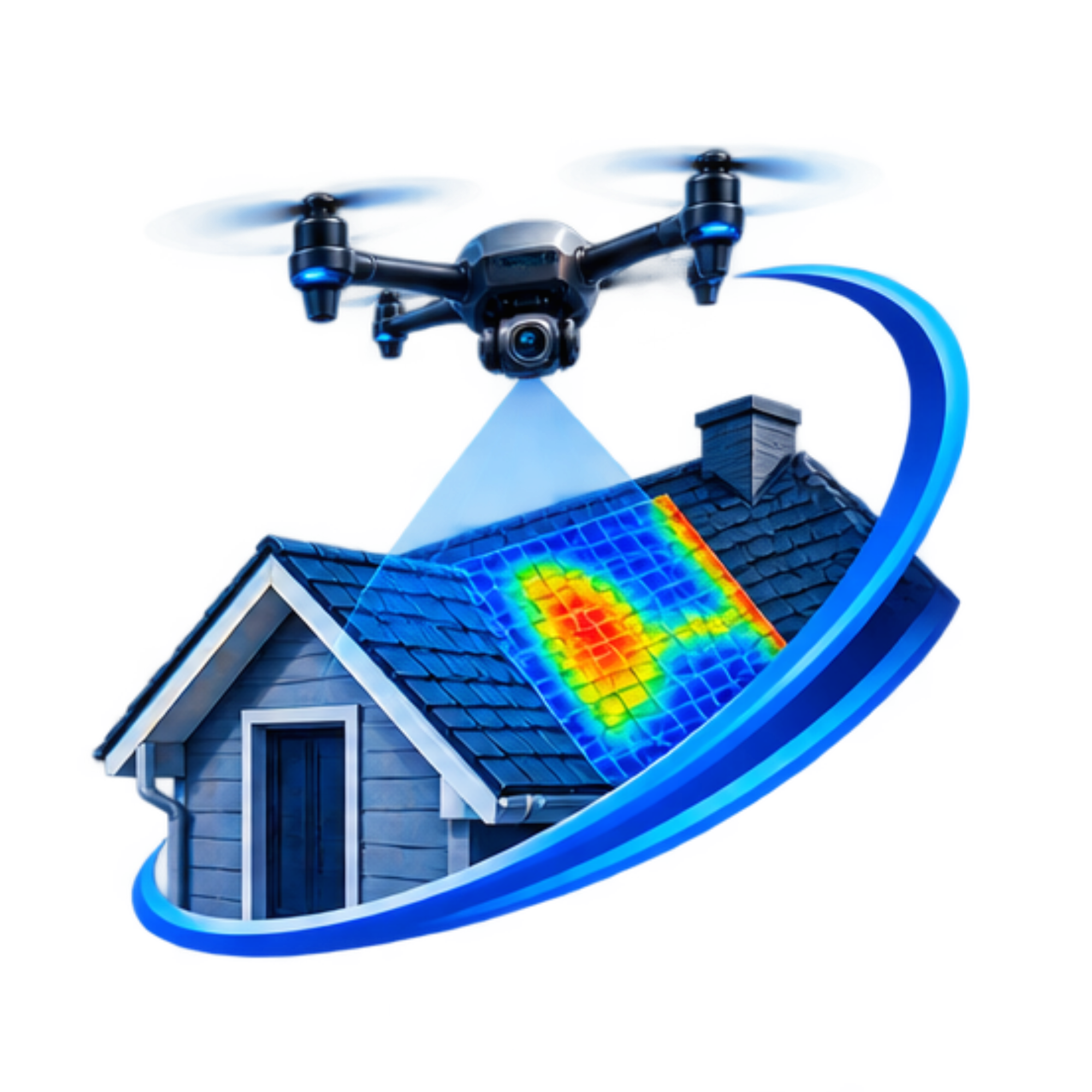 A drone flying above a house with a rooftop climate map showing temperature heat map.