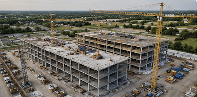 Construction site with a multi-story building under development, surrounded by cranes, construction vehicles, and equipment, with a semi-rural landscape in the background.