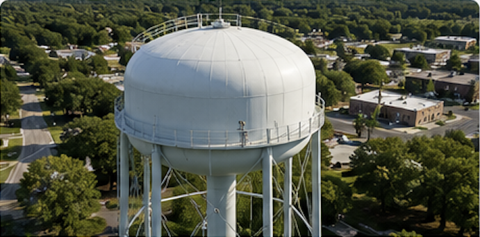 A large white water tower in a suburban neighborhood with trees and houses surrounding it.