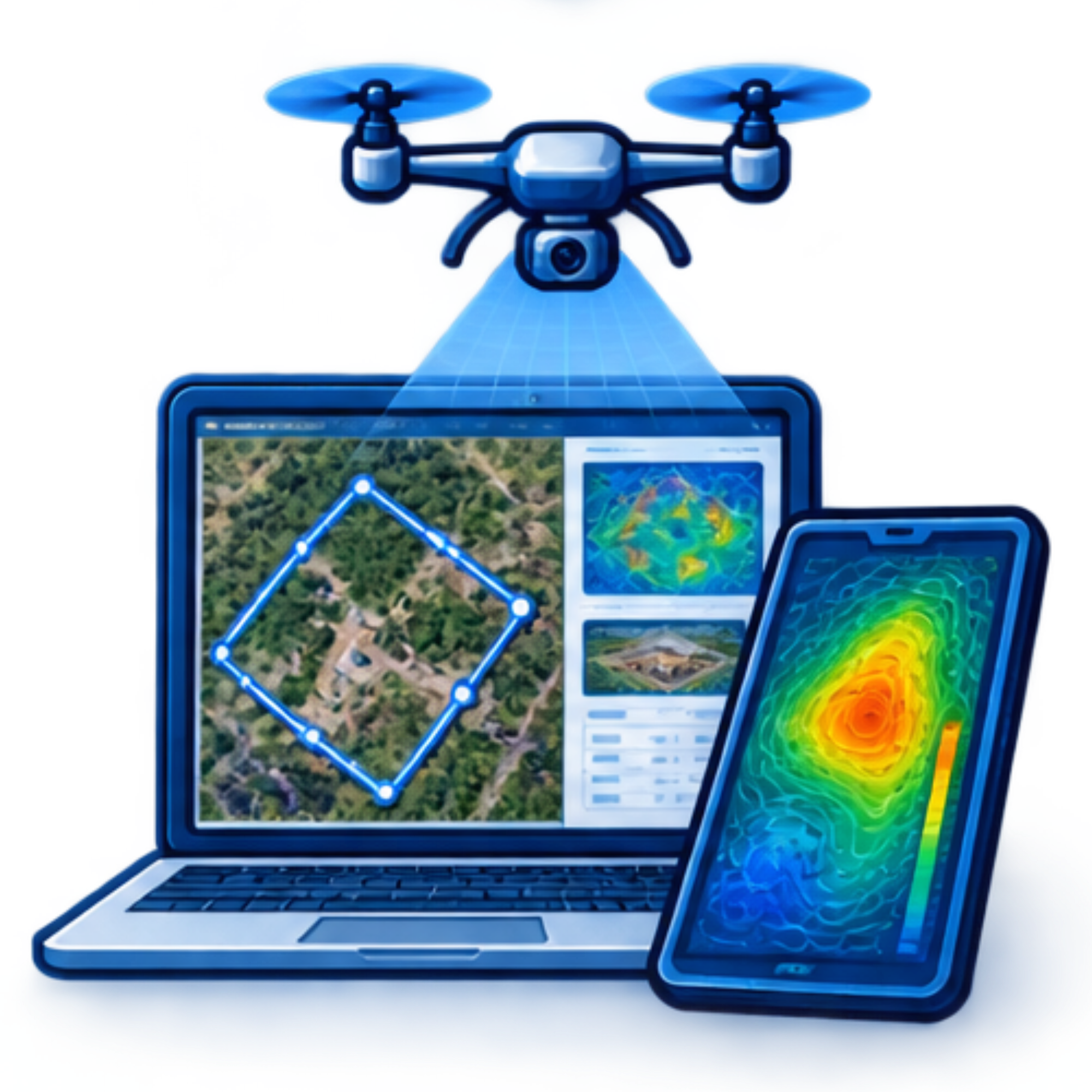 A drone with a mounted camera flying above a laptop displaying maps and weather data.