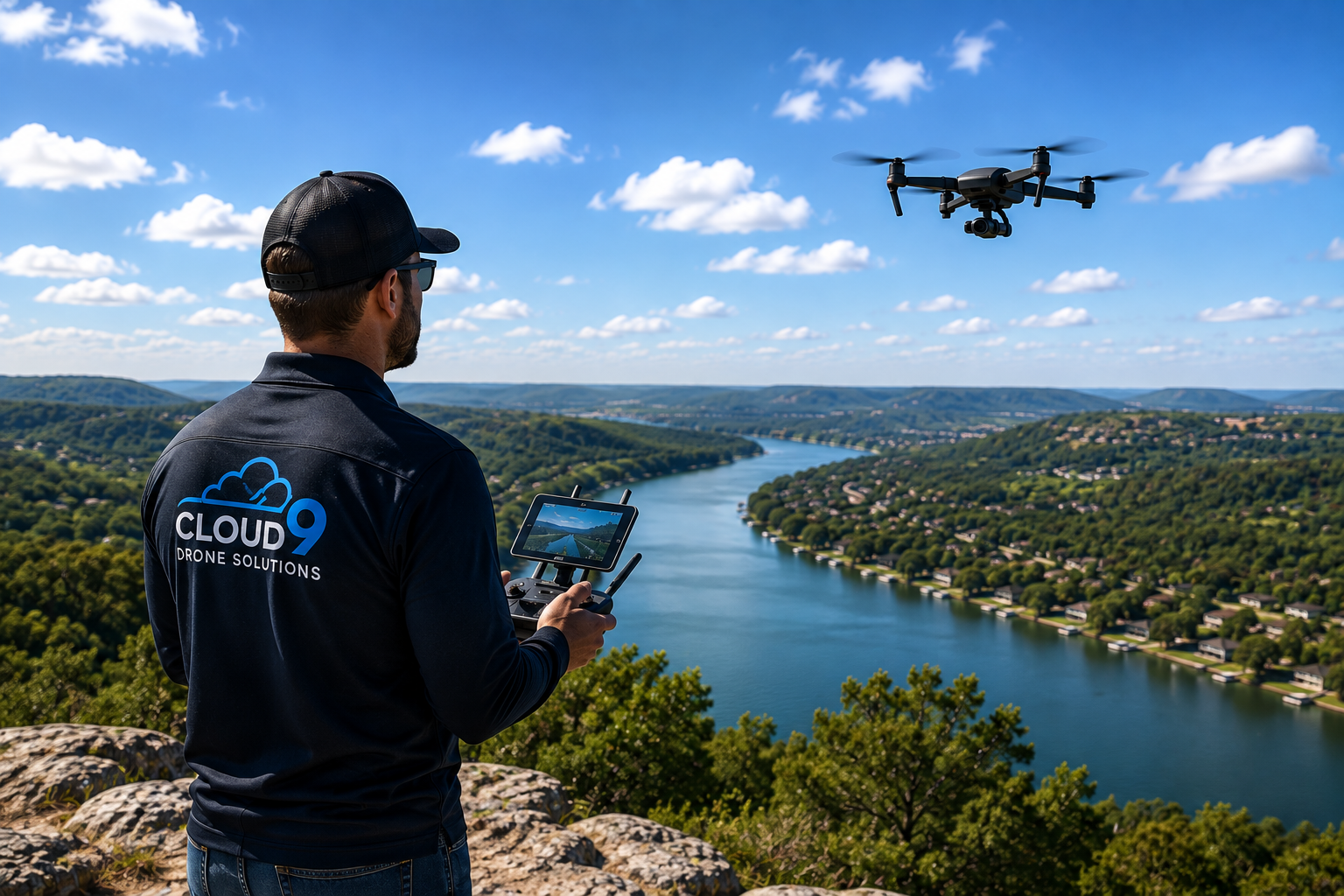 A man wearing a Cloud 9 Drone Solutions jacket controls a drone with a remote controller and screen, flying over a river valley with houses and green hills under a partly cloudy sky.
