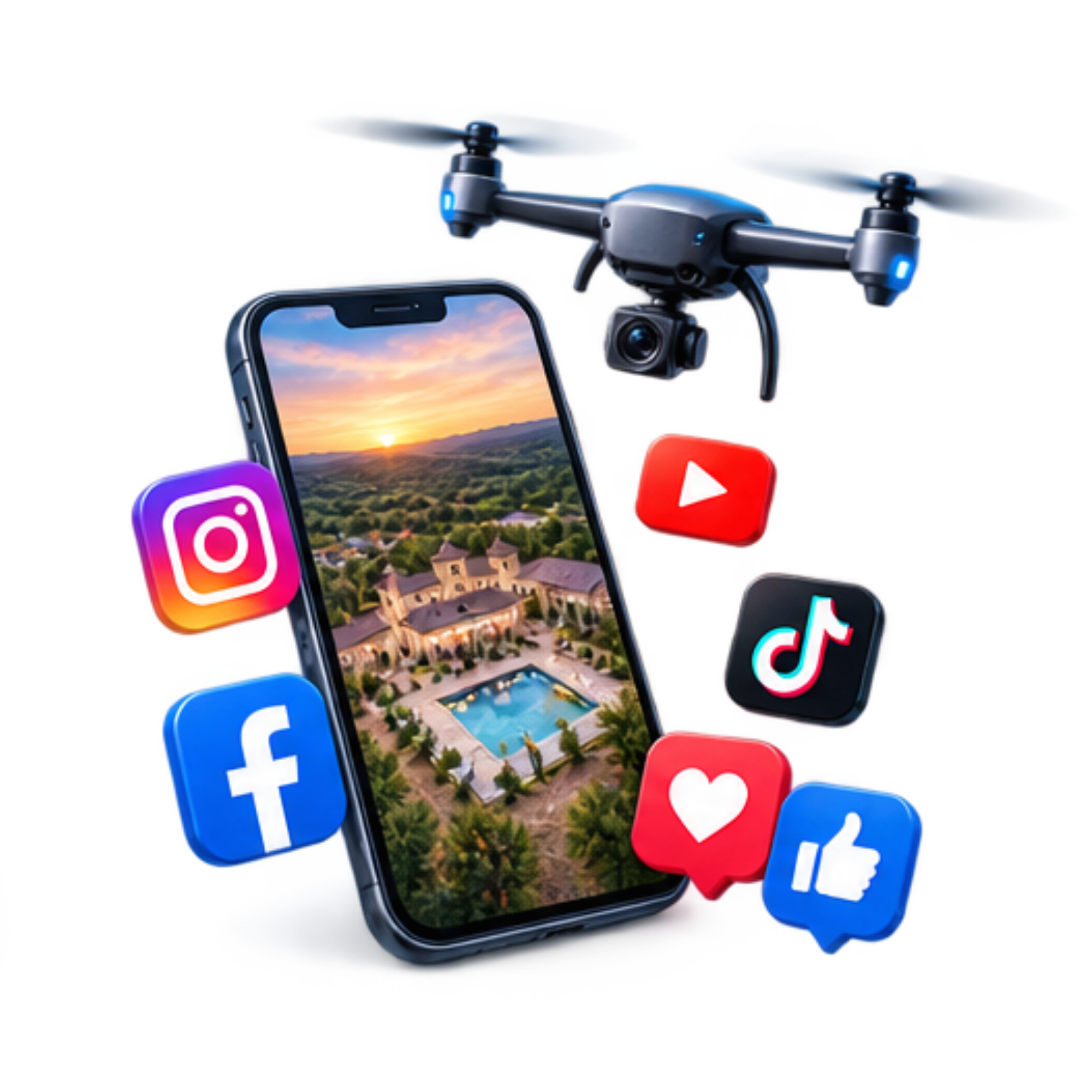 A drone flying above a smartphone displaying a landscape photo with social media icons including Instagram, Facebook, YouTube, TikTok, and a heart icon.