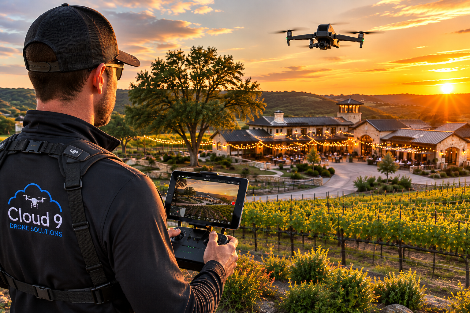 A drone operator in black clothing with a Cloud 9 Drone Solutions logo on the back, standing outdoors at sunset, flying a drone over a winery or vineyard with a large building decorated with string lights, yellow flowers, and rolling green hills in the background.