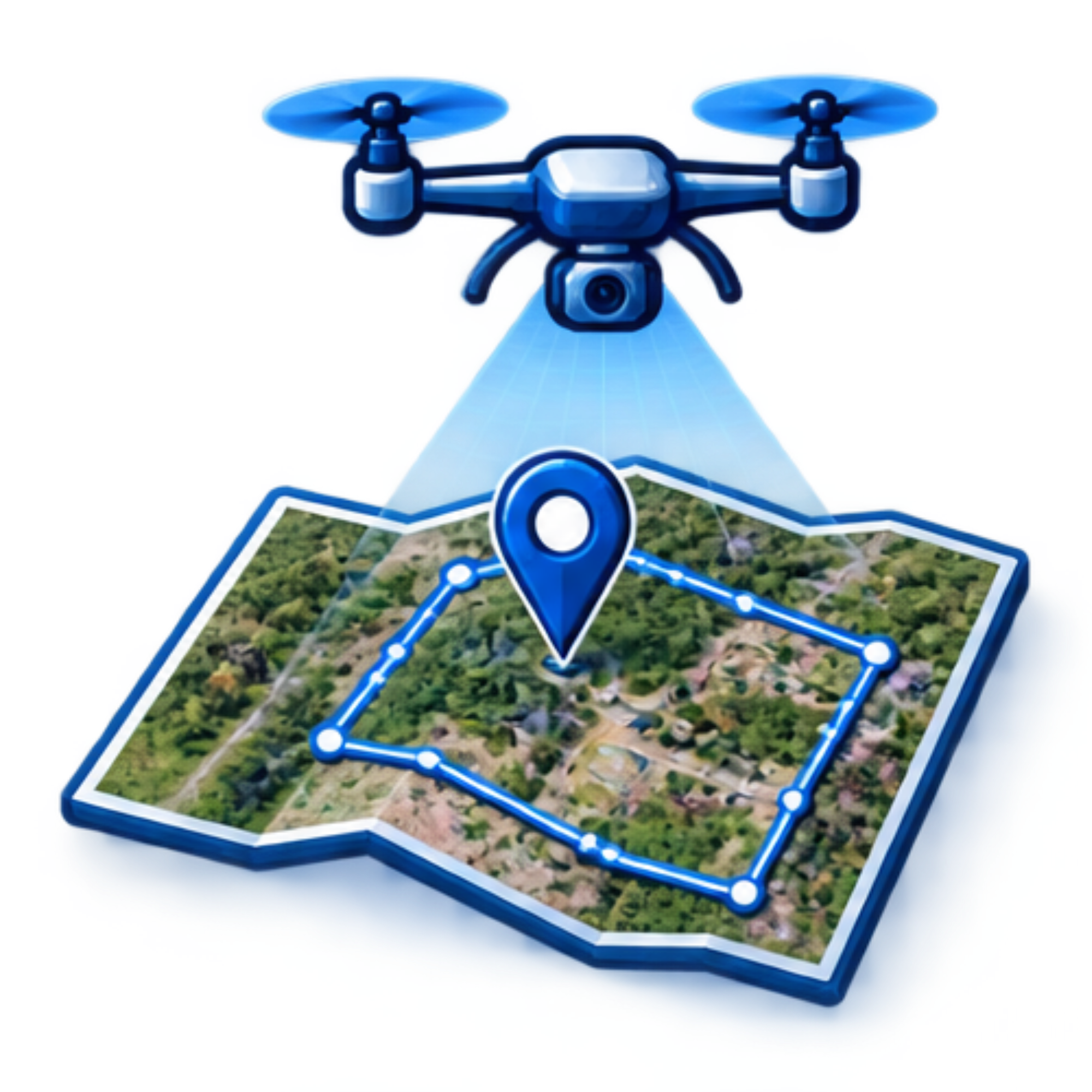 A modern drone with a built-in camera, flying over a landscape with roads and greenery, depicted on an augmented reality map interface.
