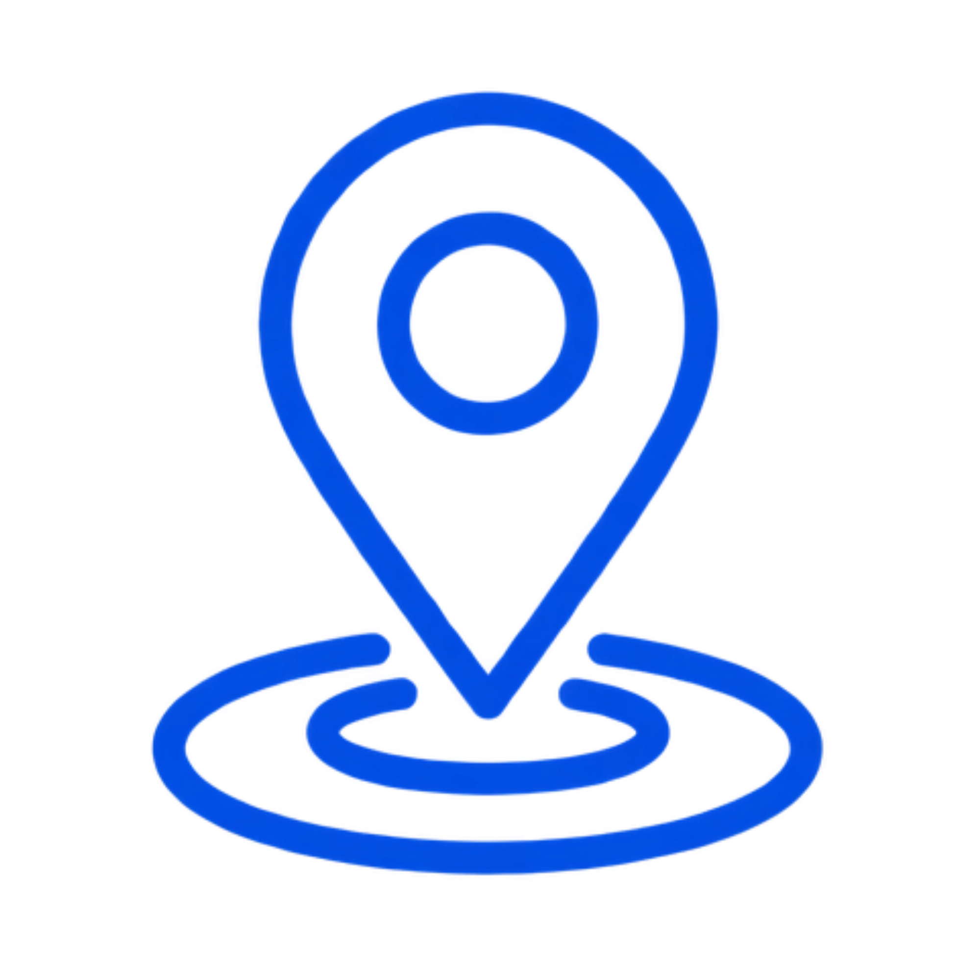 Blue neon GPS location icon with concentric circles and a pointed pin at the bottom.