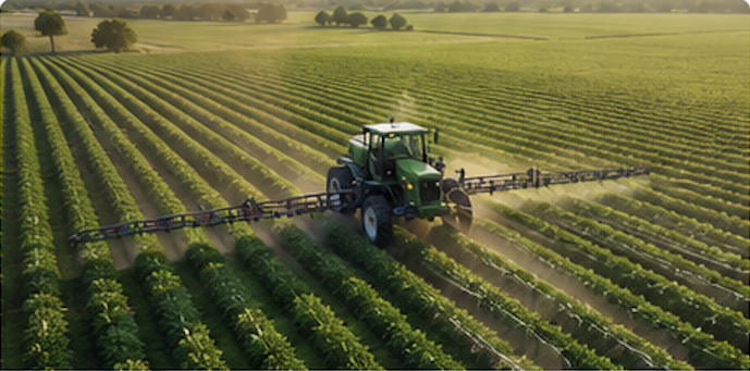 A green tractor spraying crops in a large, well-maintained agricultural field during daytime.
