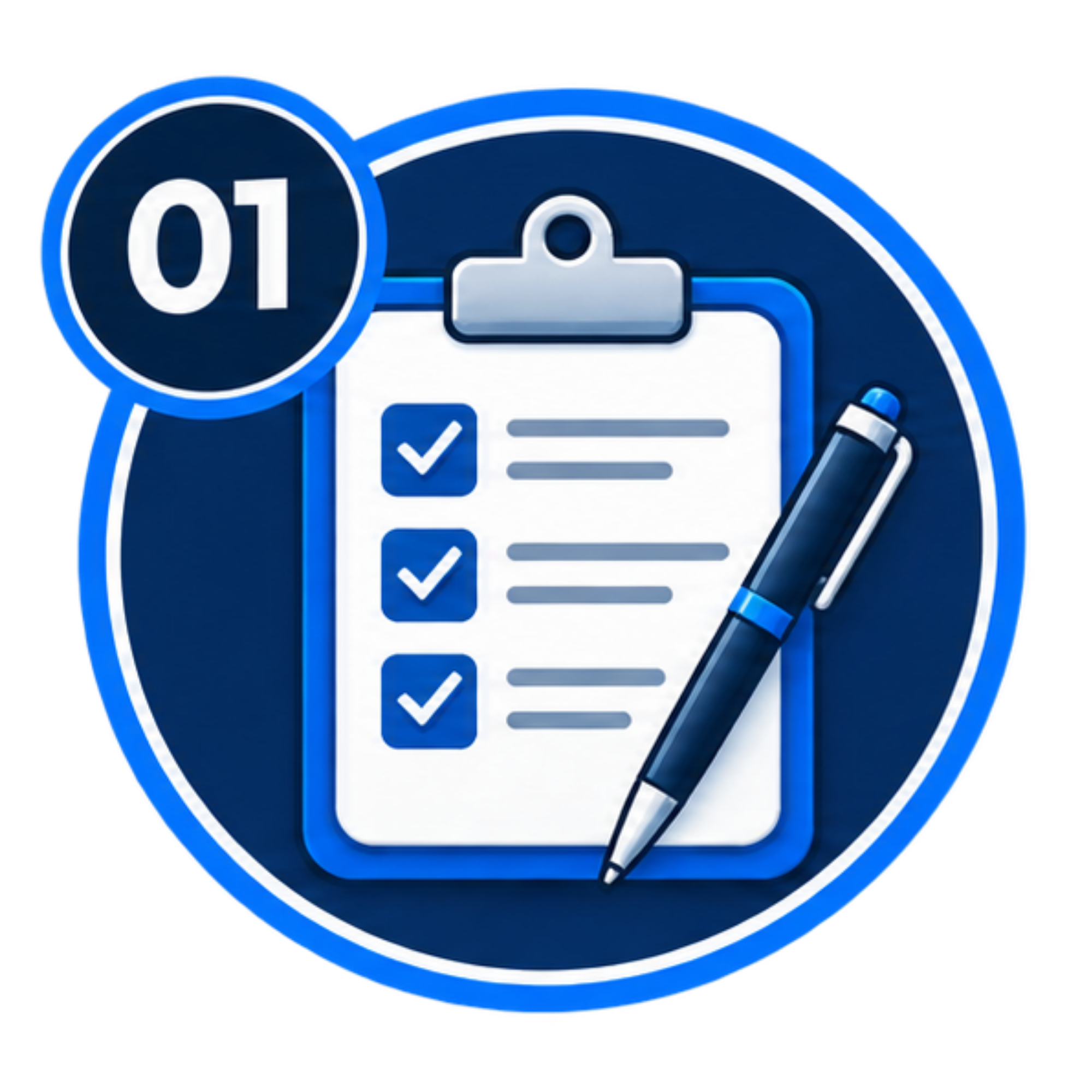 Close-up of a digital icon representing a to-do list or checklist, with a blue circular border, a clipboard with checkmarks, a pen, and a small blue circle with the number 01 on it.