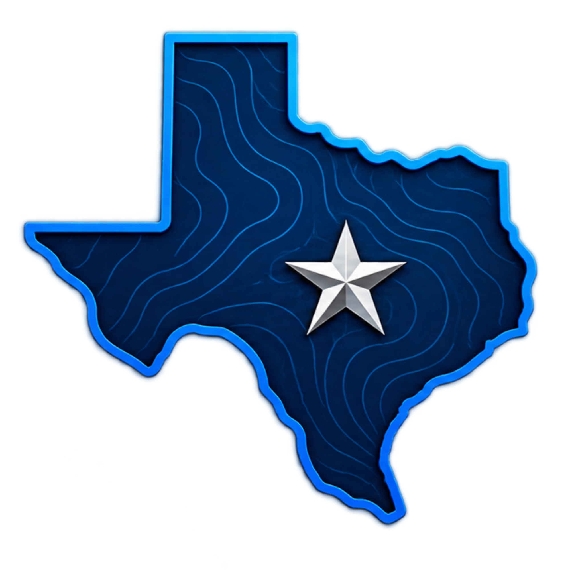 Map of the state of Arizona outlined with neon blue border, with a white star near the center and contour lines inside.