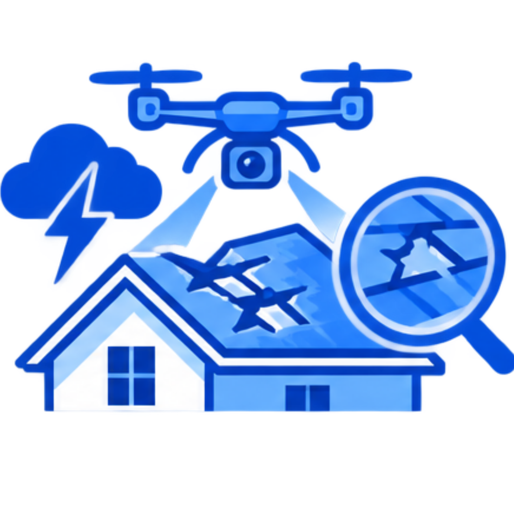 Blue outline of a drone with four propellers, mounted with a camera, above a blue map with location pins.