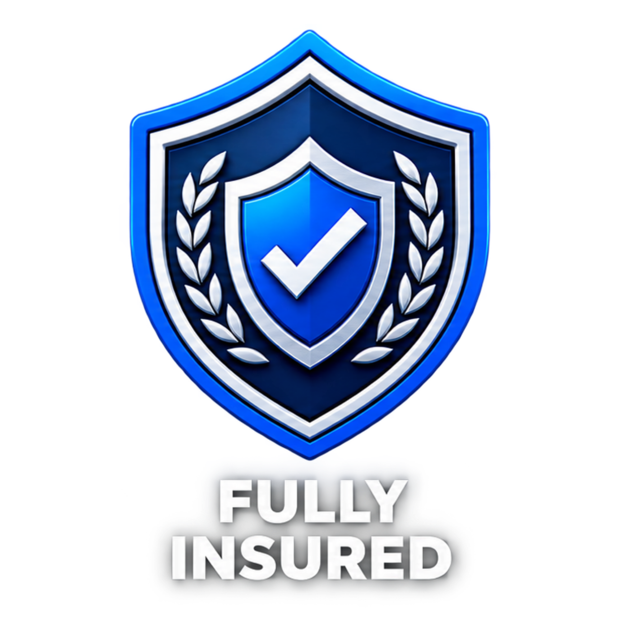 Blue shield badge with white check mark and laurel leaves, with text "FULLY INSURED" below.