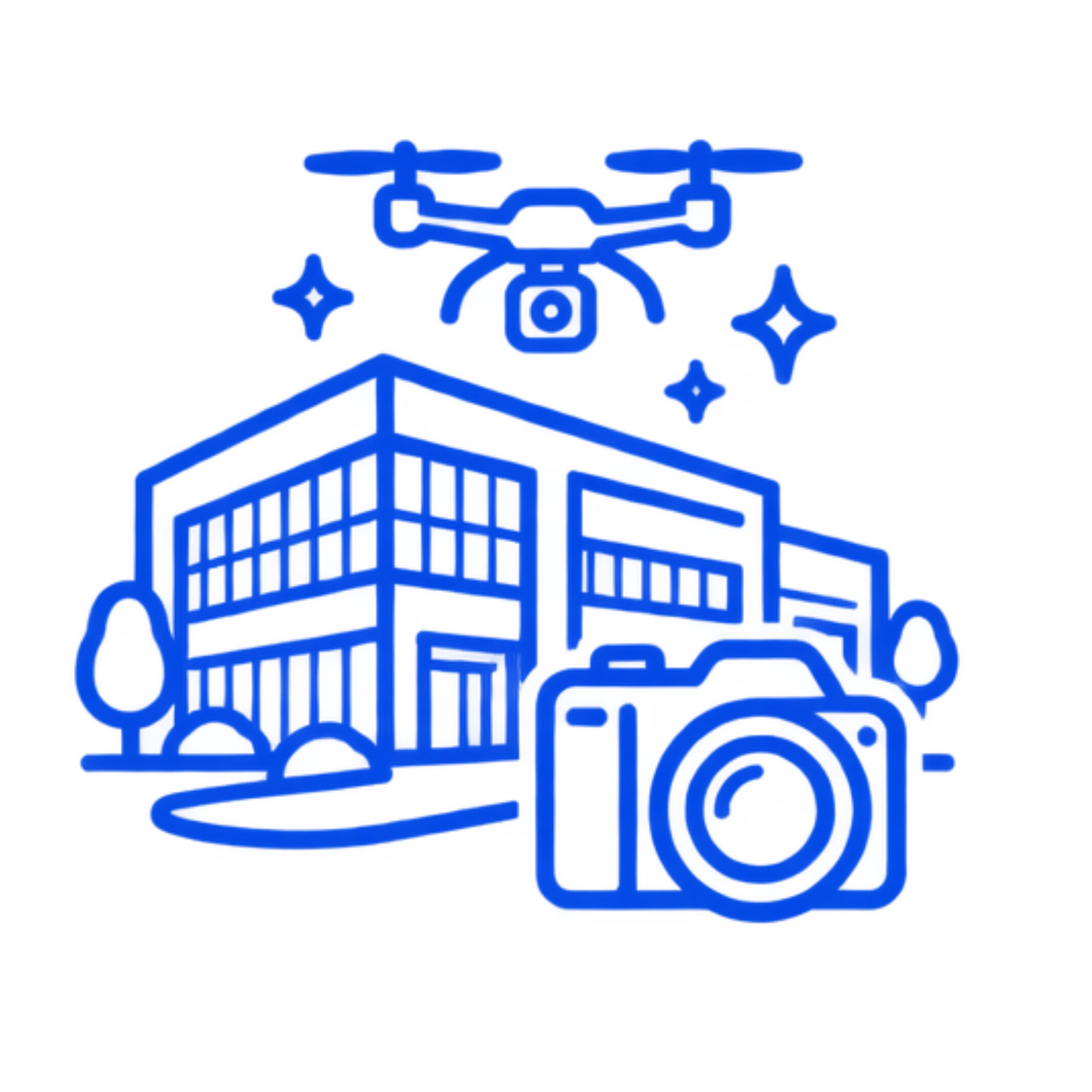 A blue neon outline of a drone with three propellers, a camera in the front, and decorative stars around it.