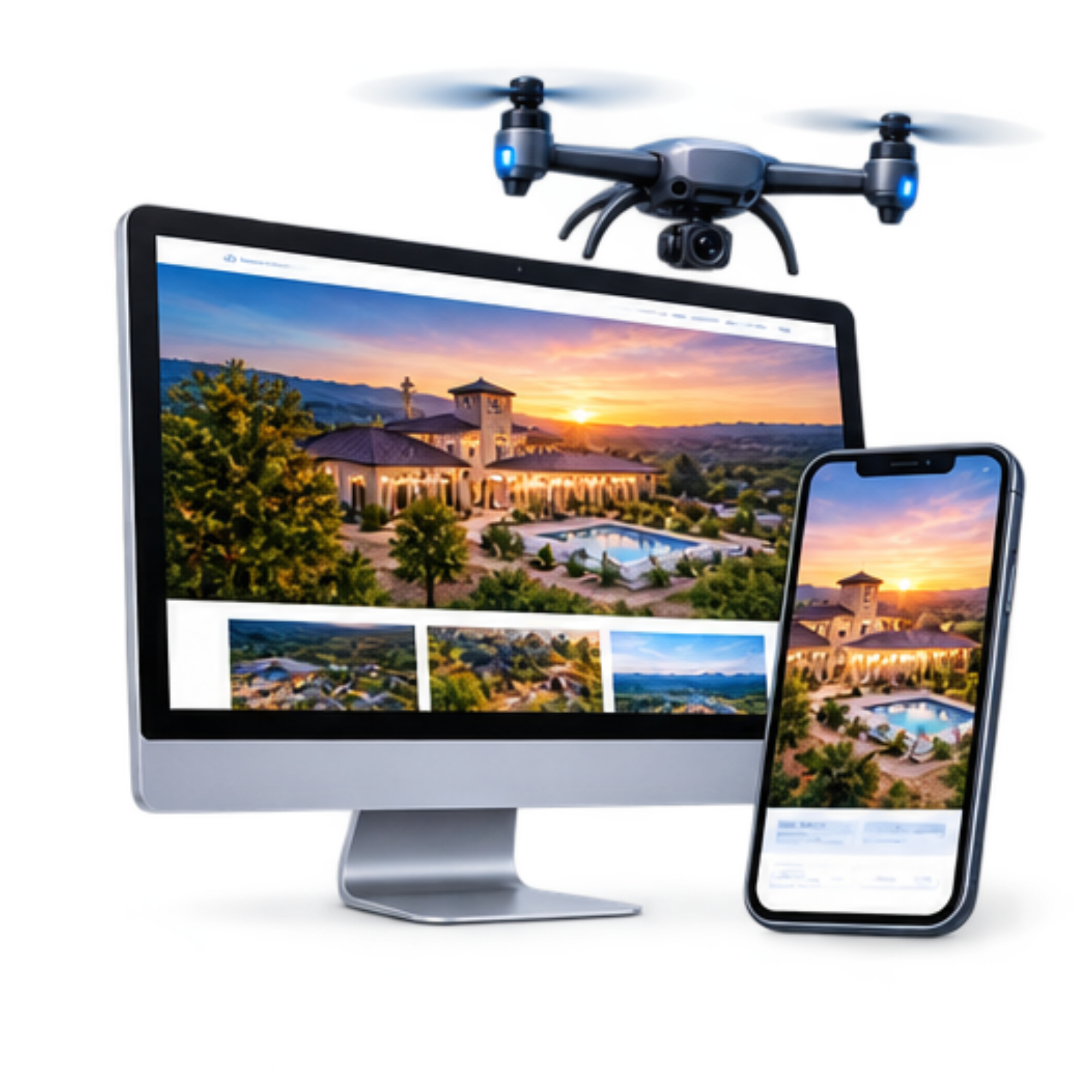 A drone hovering above a computer monitor displaying photos of a house and outdoor scenery, with a smartphone on the side showing the same image.