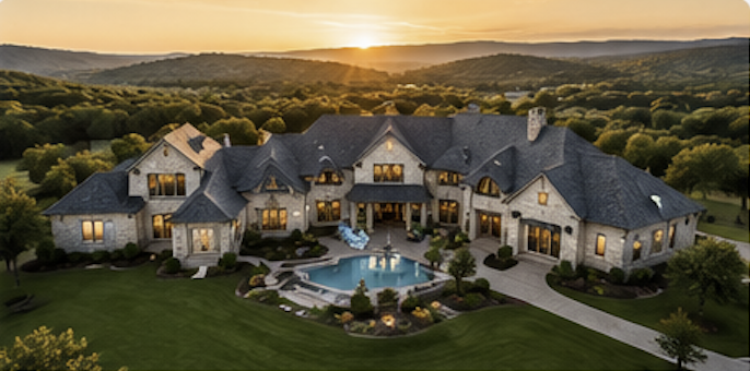 A large luxury house with multiple gabled roofs, a swimming pool in the backyard, and surrounded by trees at sunset.