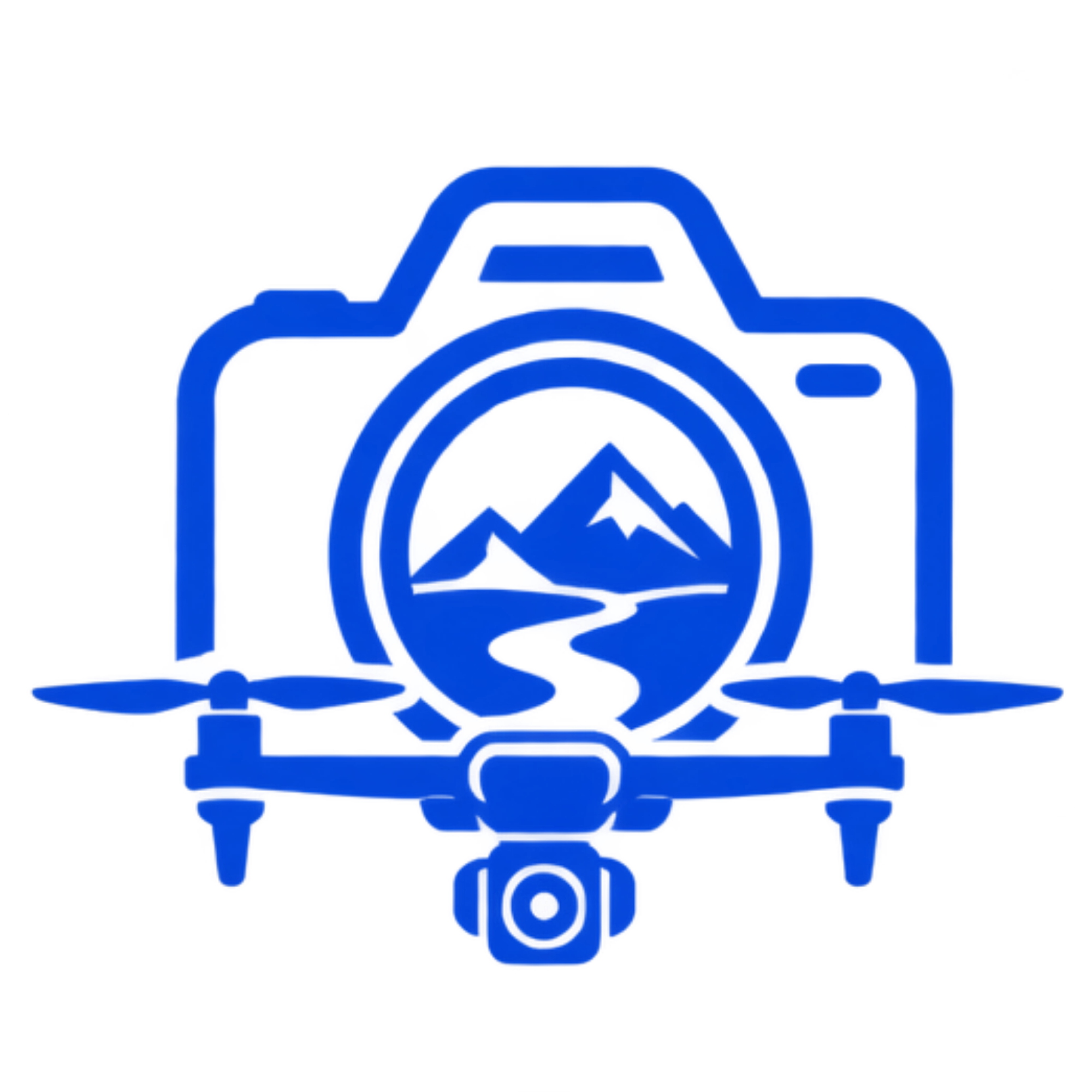 Neon blue outline of a camera with a viewfinder and a lens.