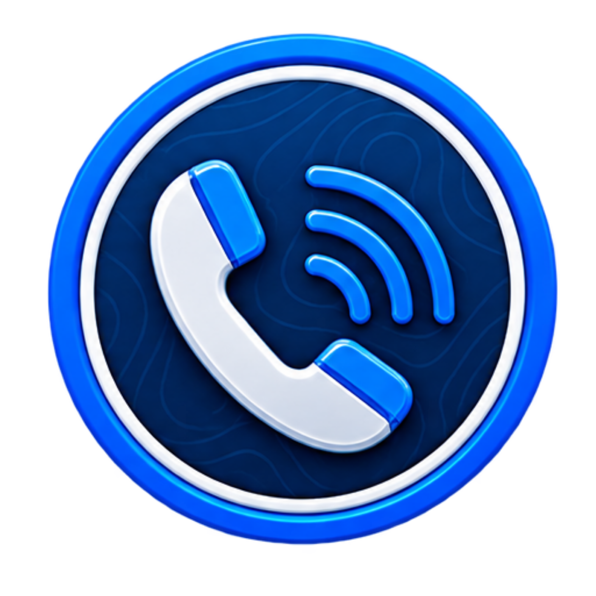 Close-up of a blue wireless signal icon with a white phone receiver symbol in the center, set against a dark background.
