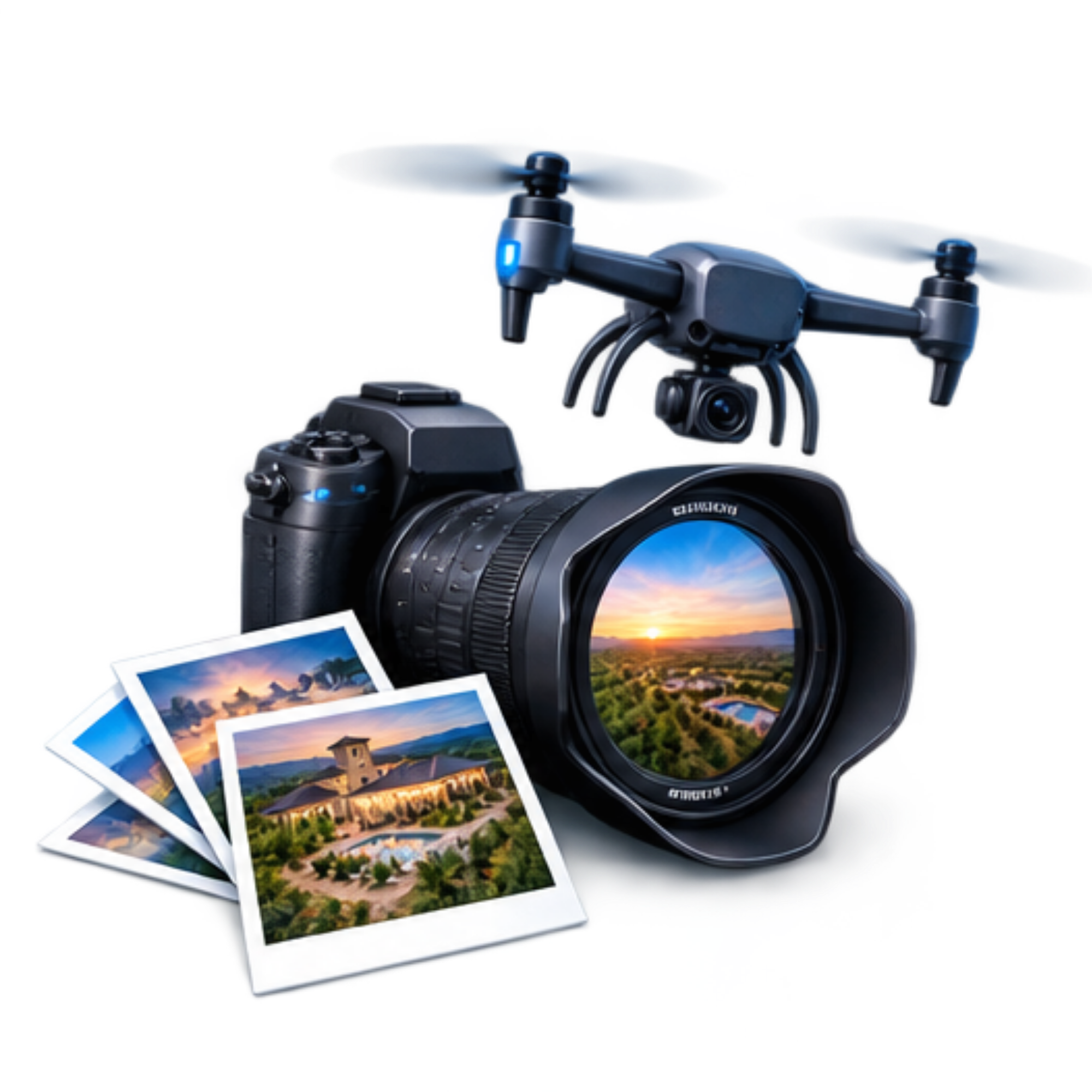 Drone with camera and photos of landscapes and buildings.