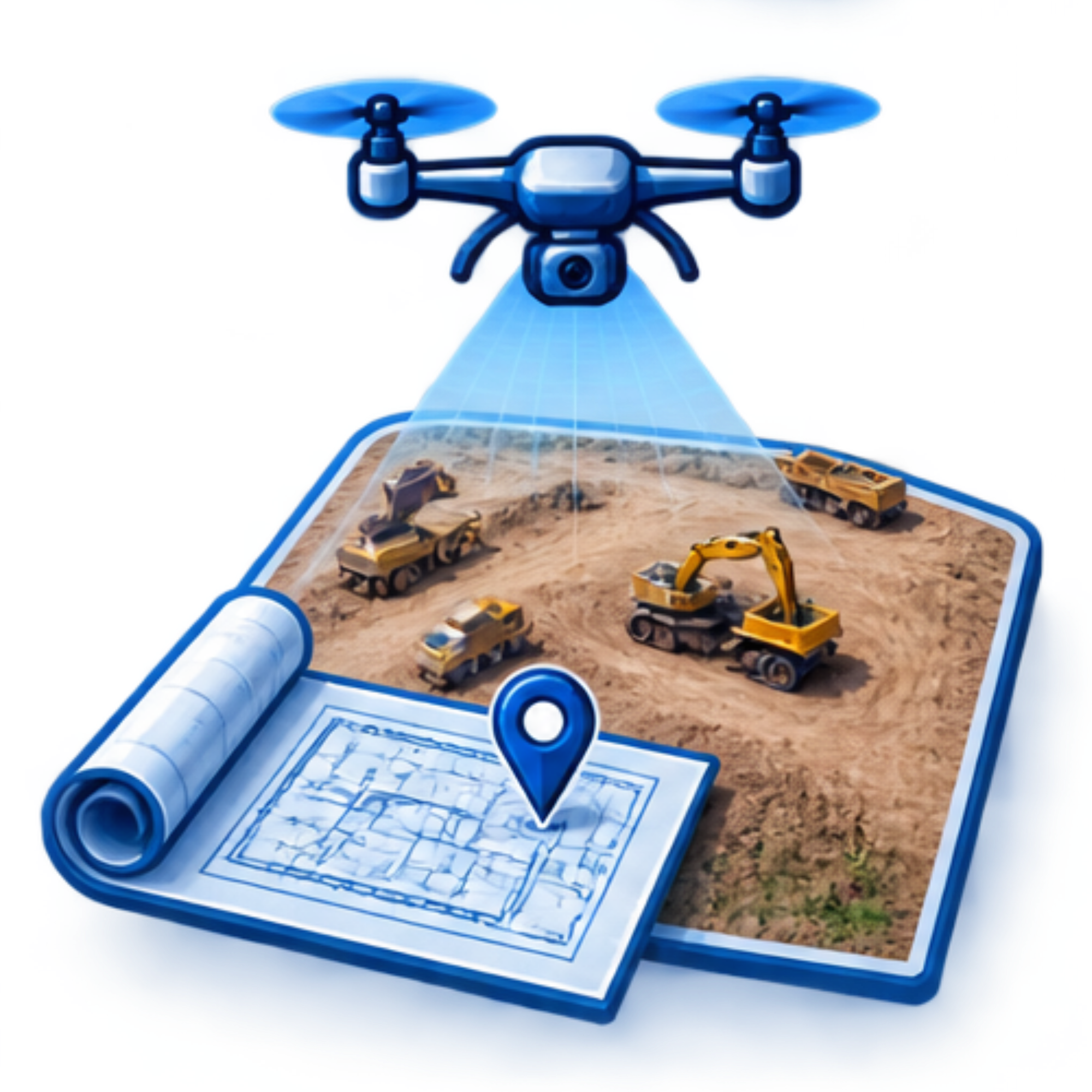 A drone flying over an architectural blueprint of a building site with construction vehicles.