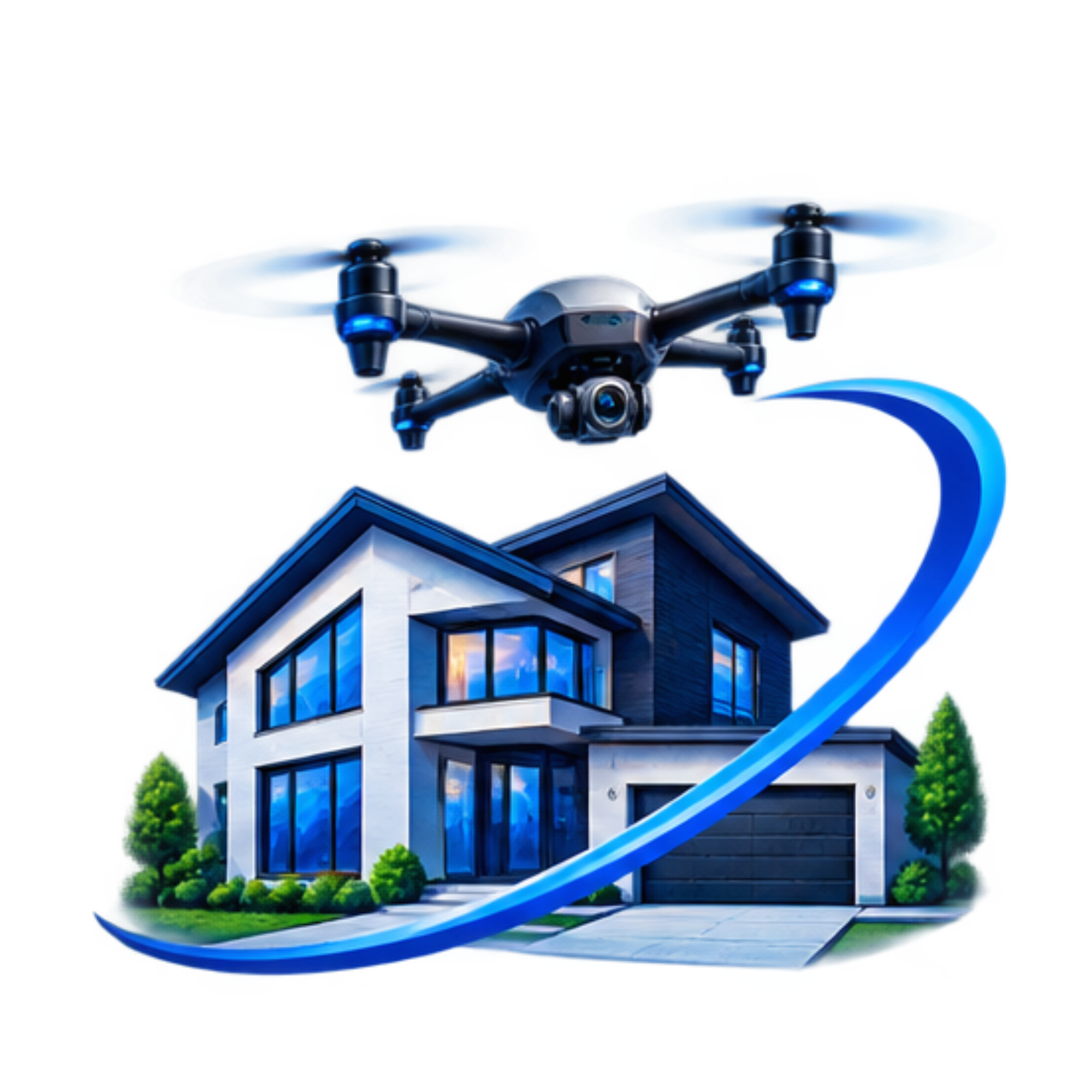 A modern house with large windows, a rooftop deck, and a drone flying above it, surrounded by green trees.