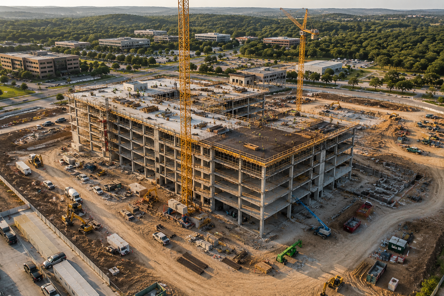 An aerial view of a construction site with a multi-story building in progress, surrounded by construction equipment and vehicles, with multiple yellow cranes and a backdrop of trees and office buildings.
