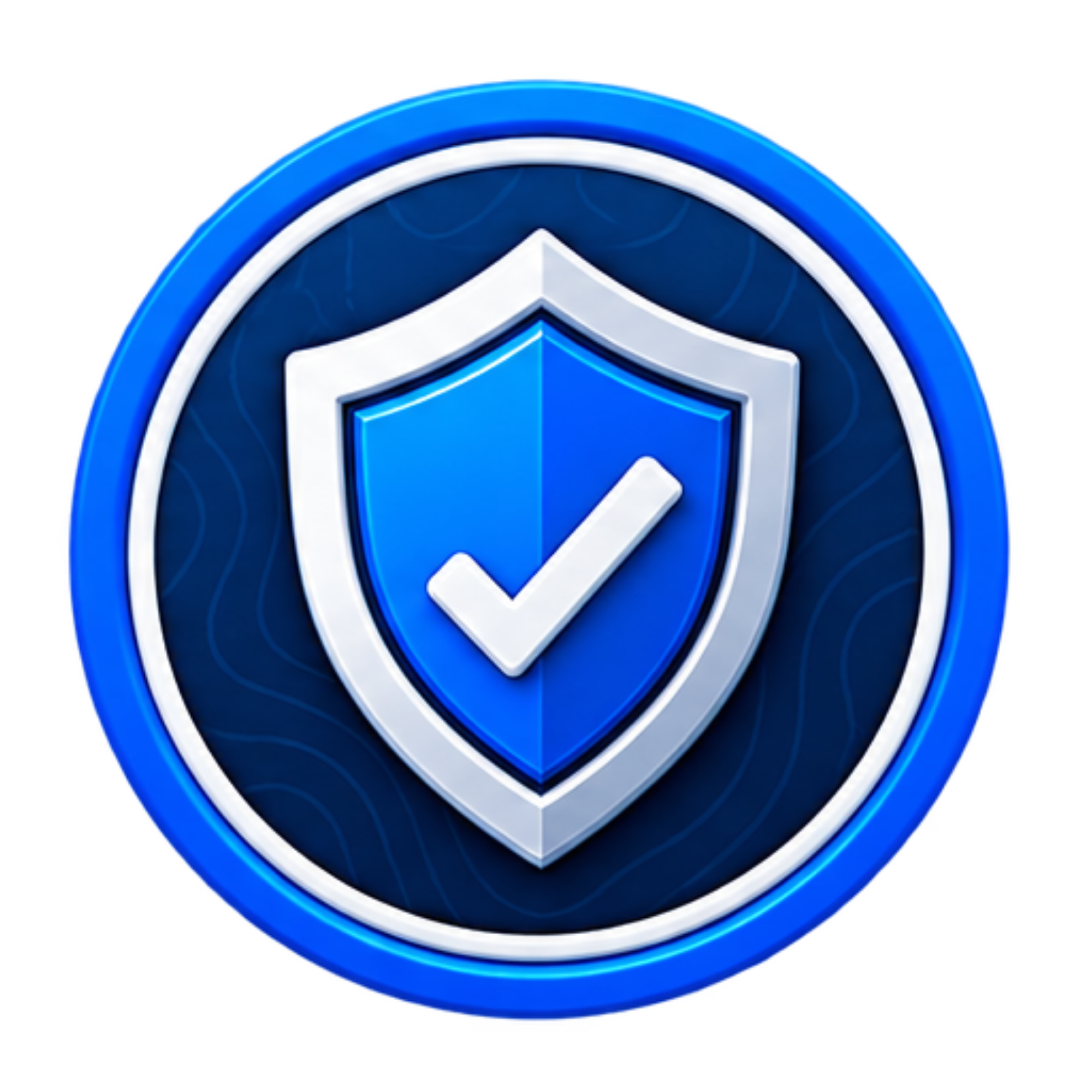 Close-up of a blue shield emblem with a checkmark inside, symbolizing security or protection.