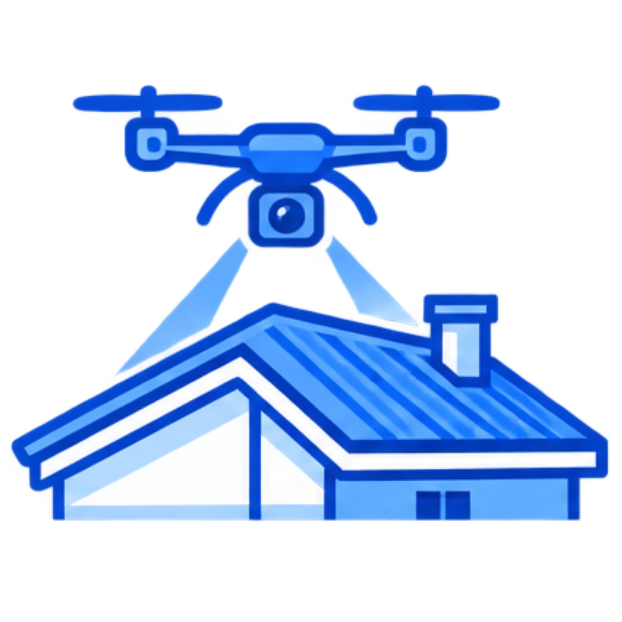 Line drawing of a house with a roof, windows, and door, and a drone in front of it.