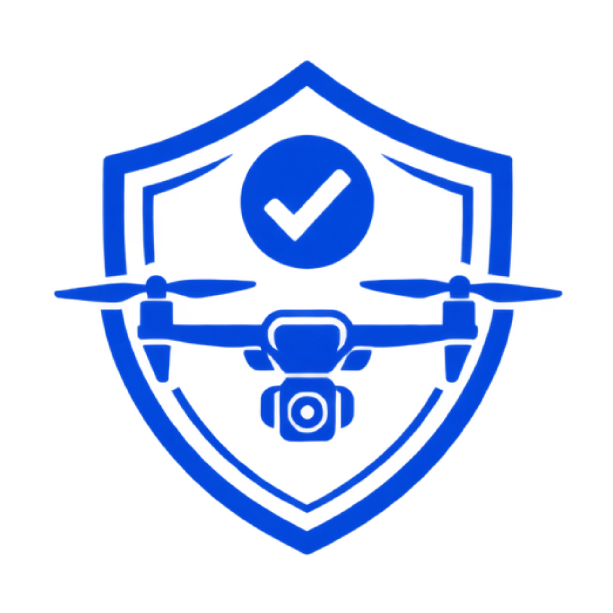 Blue neon sign of a house with a checkmark inside a circle in the center.