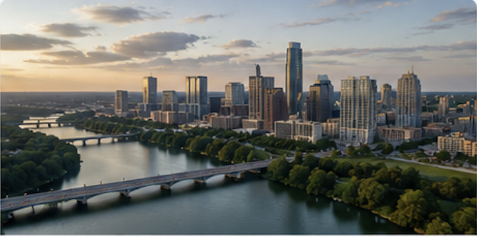 Aerial view of a city skyline with tall skyscrapers, a river with a bridge, and green parks during sunset.