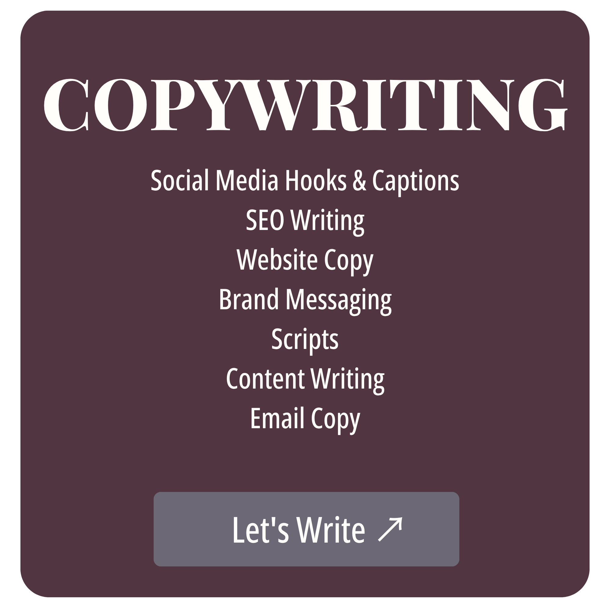 A screenshot of a mobile app interface with options for copywriting, social media hooks, captions, SEO writing, website copy, brand messaging, scripts, content writing, and email copy. The background color is dark purple, and there is a button indicating to start writing.