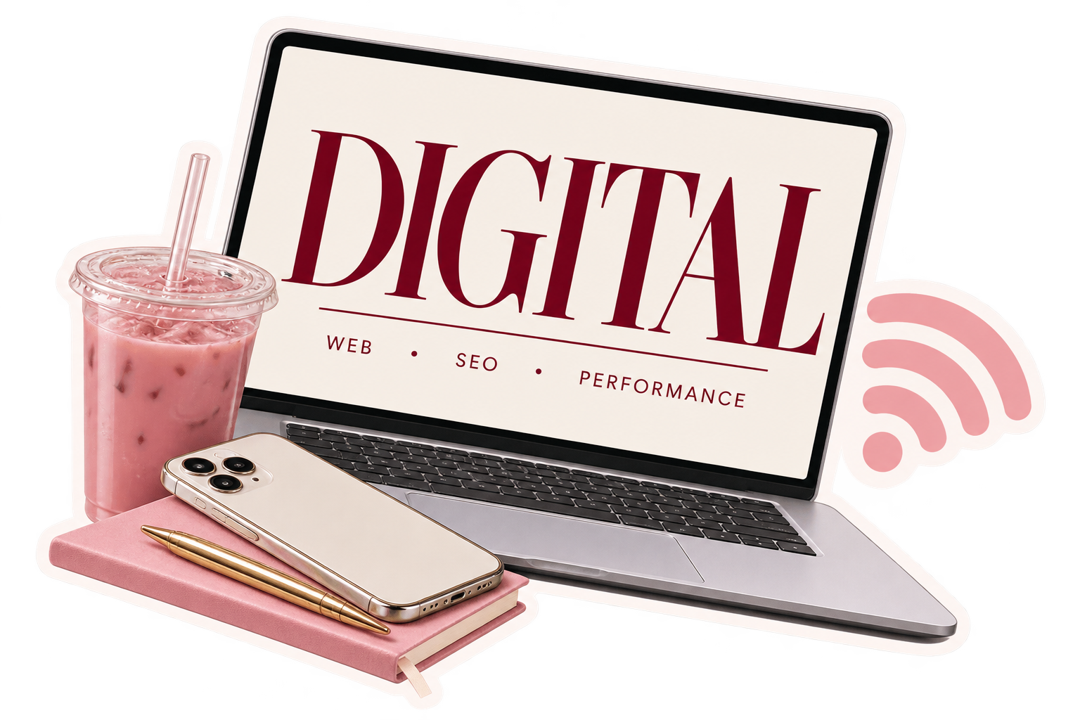 Laptop displaying digital marketing services including SEO, web, and performance