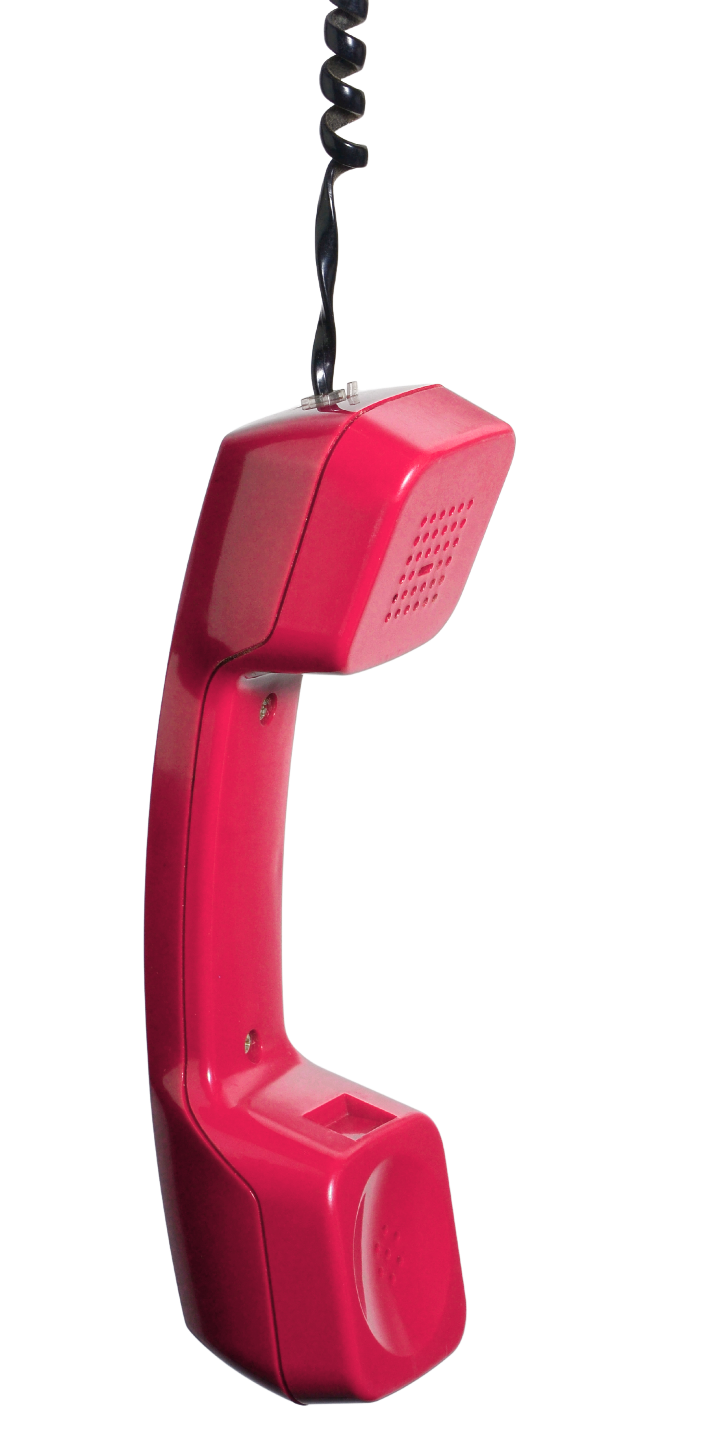 Red corded phone hanging down from page