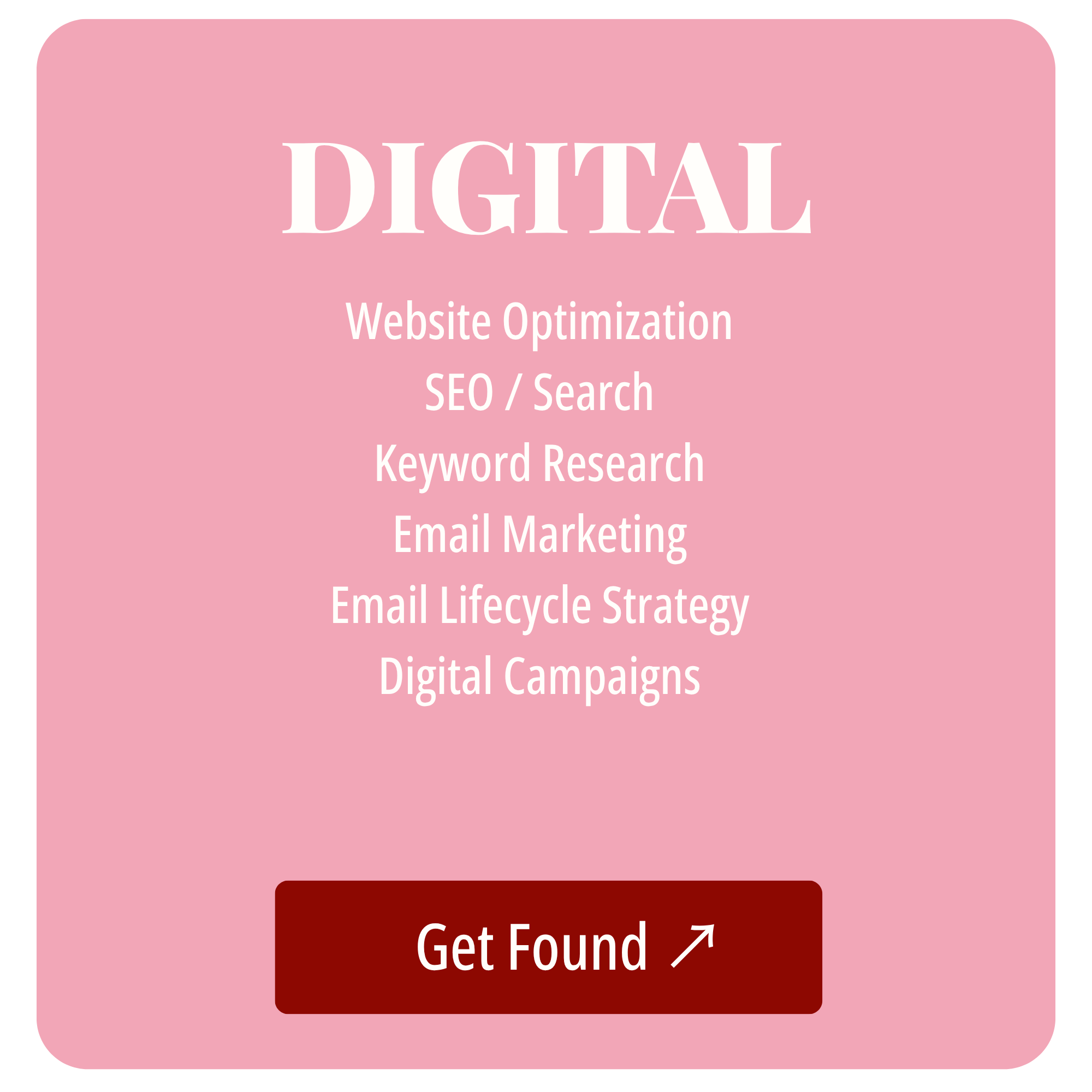Pink digital interface screen with white text that reads 'DIGITAL', and smaller white text below that reads 'Website Optimization, SEO / Search, Keyword Research, Email Marketing, Email Lifecycle Strategy, Digital Campaigns'. There is a red button at the bottom with white text reading 'Get Found' and an arrow pointing to the right.