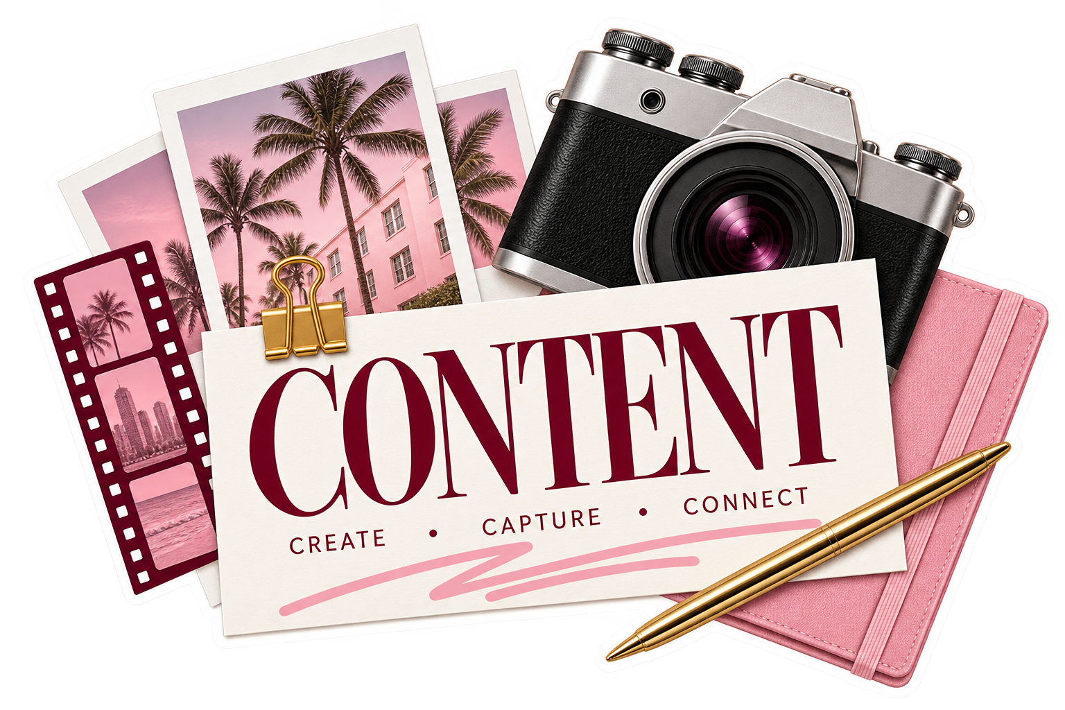 Vintage camera and film strips representing content creation and storytelling