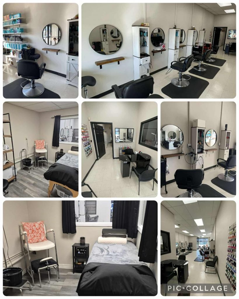 Images of a modern hair salon and a medical spa or clinic. The salon features styling stations with mirrors and chairs, hair products, and hair equipment. The medical area has treatment beds, a nail station, and supplies, indicating services like ski