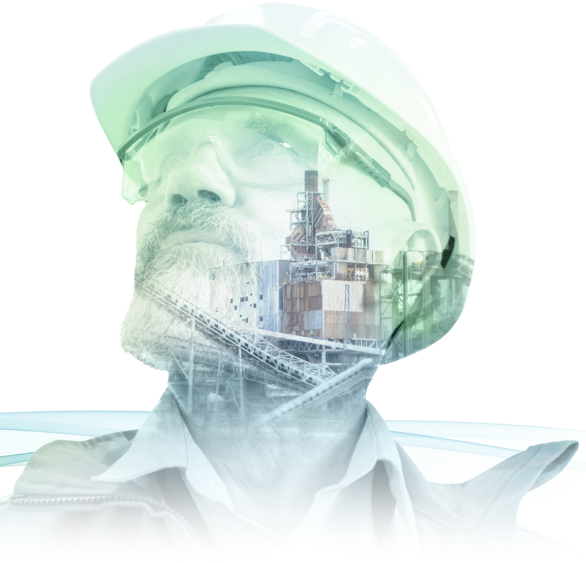 Double exposure of a manufacturing worker in a hardhat blended with a plant facility