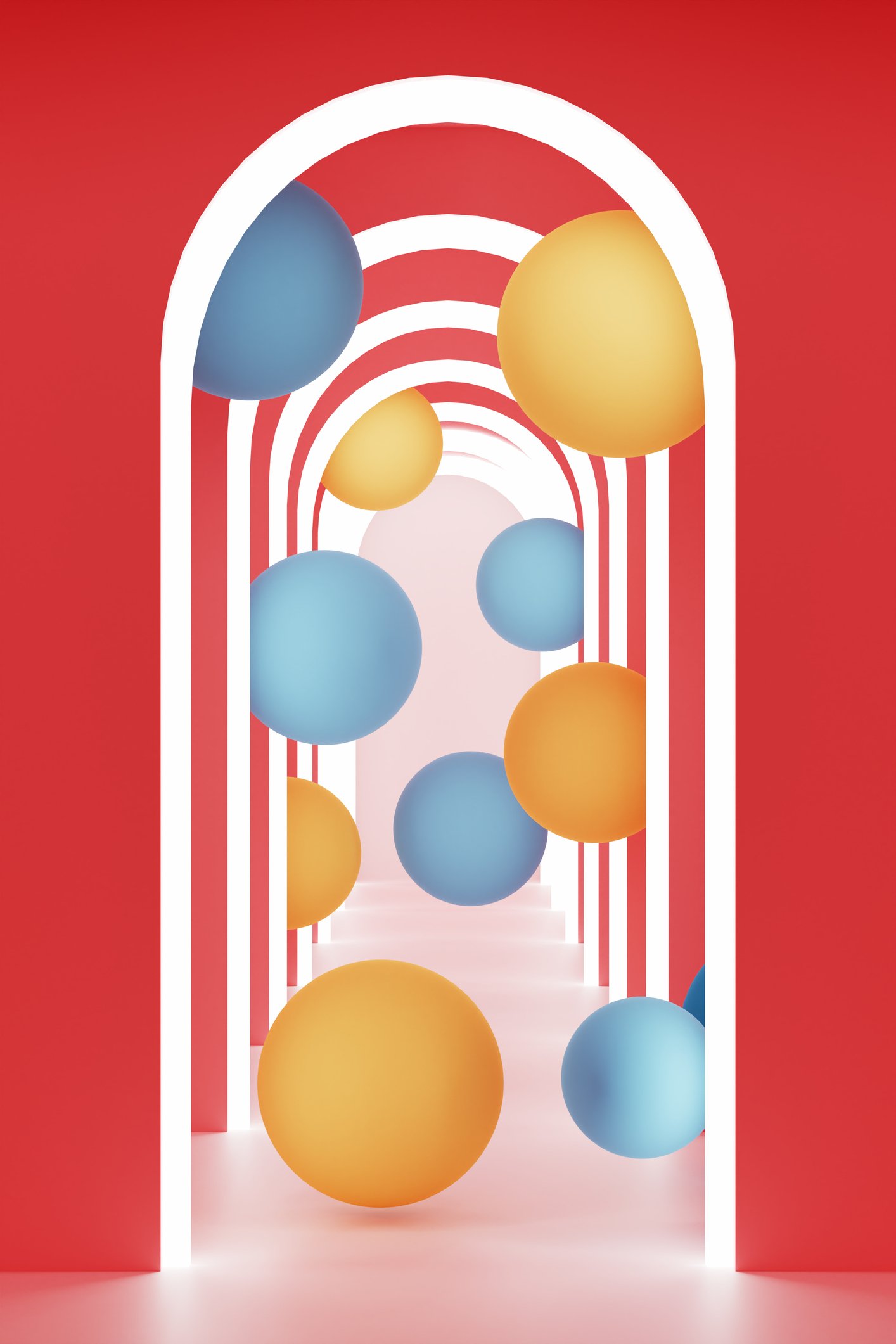 Abstract architectural artwork with white arches and colorful spheres against a red background.
