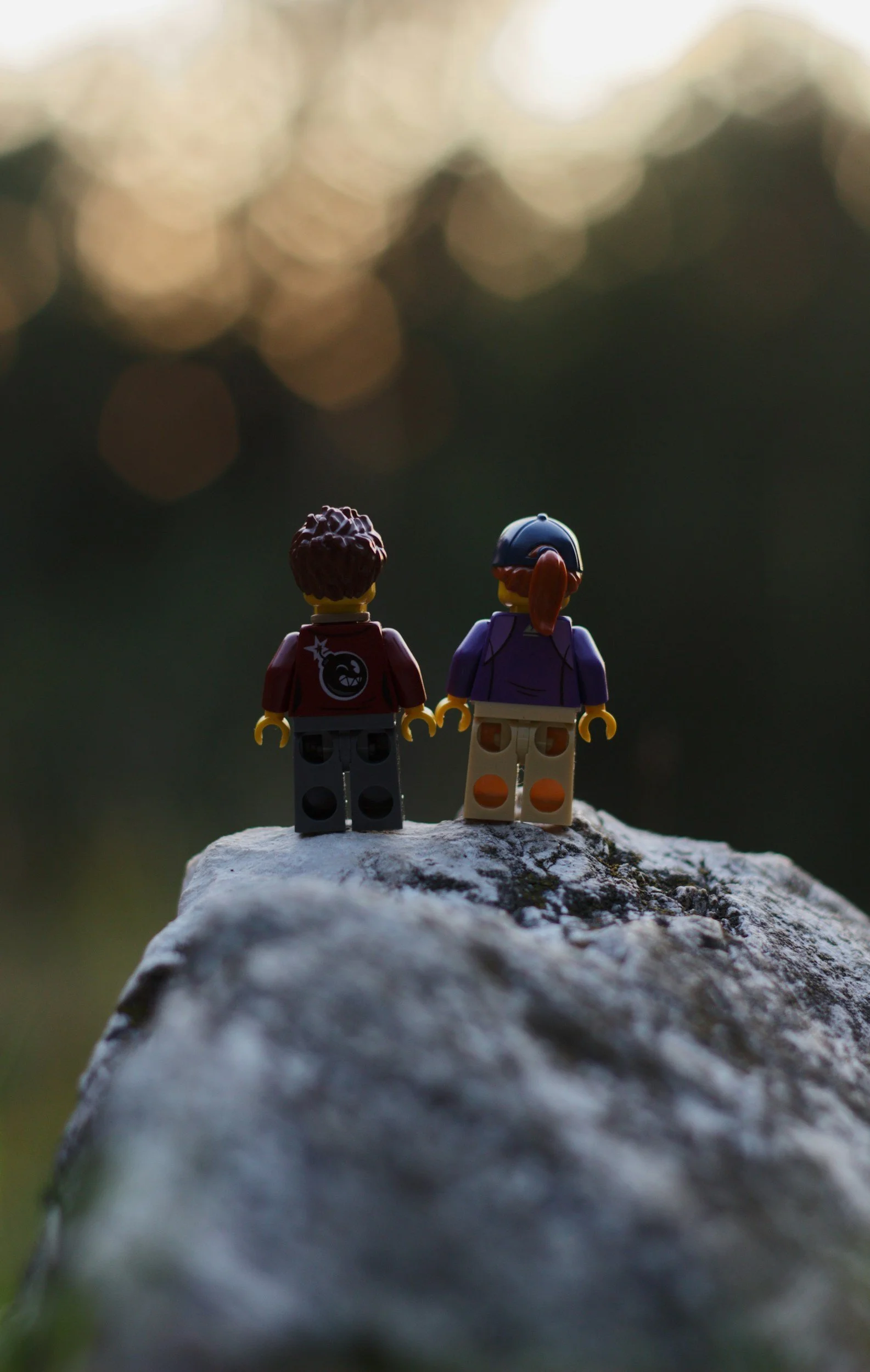 Two LEGO minifigures standing on a rock outdoors, with blurred bokeh lights in the background.