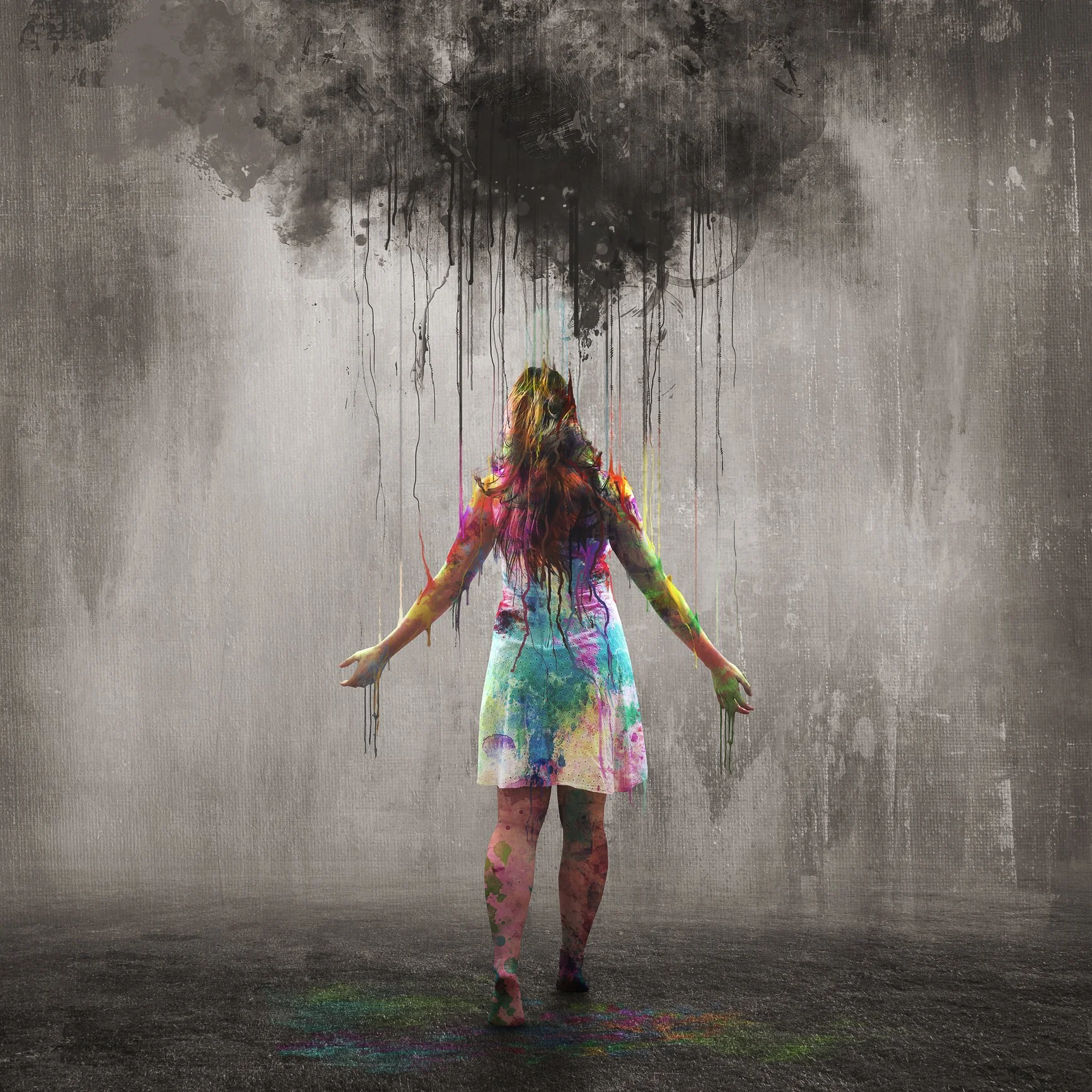 Figure with arms outstretched, painted in bright colors against a gray background.