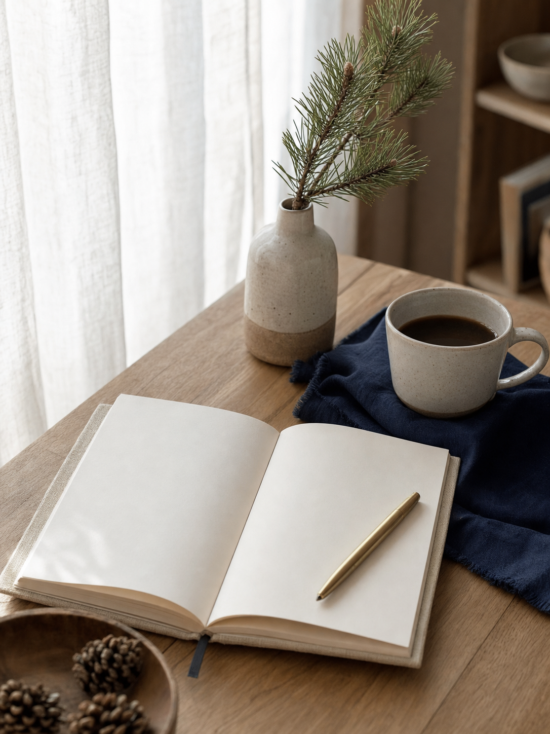 Open blank notebook with gold pen, cup of coffee on navy blue napkin, vase with pine branch, and small bowl of pinecones on wooden table near window with sheer curtains.