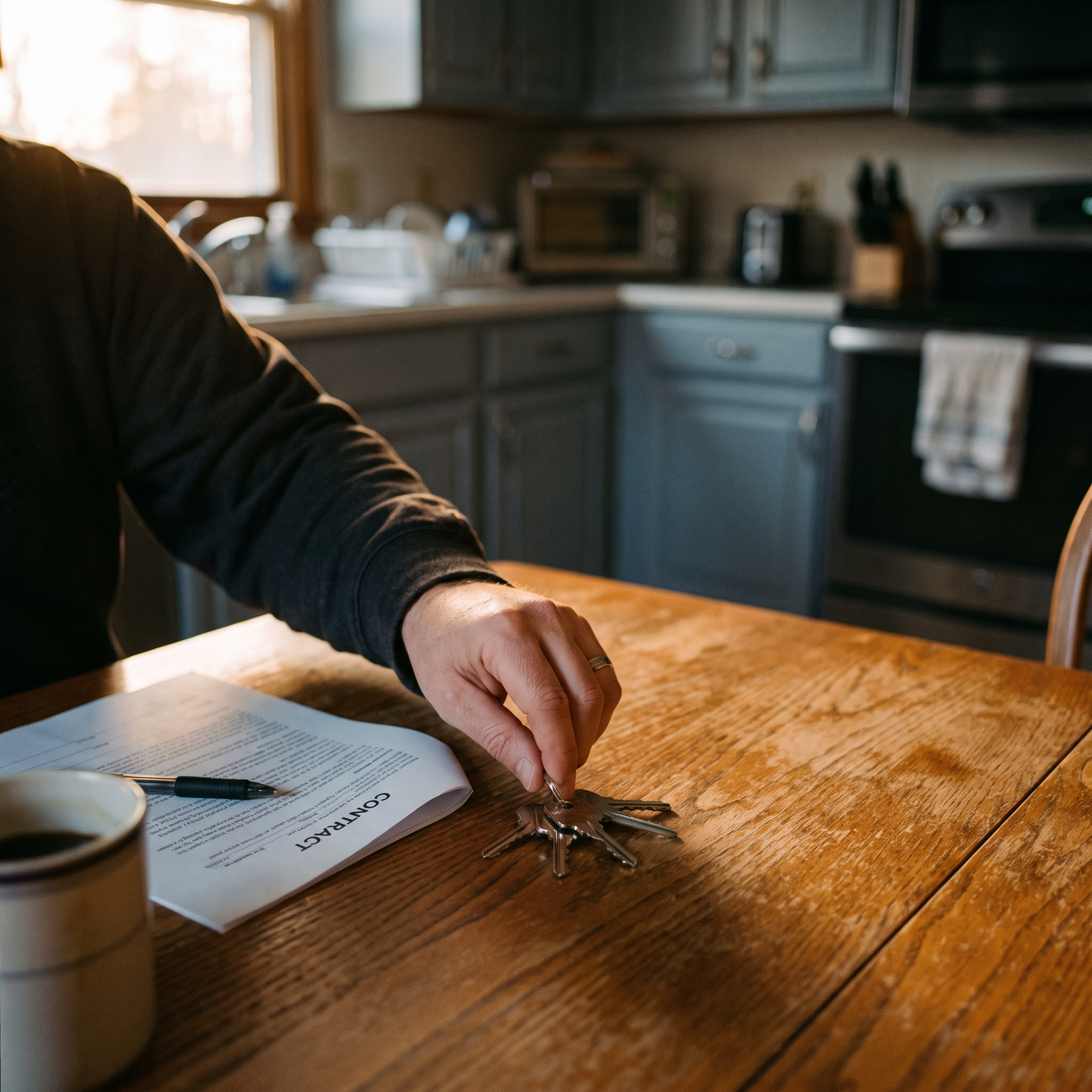 A person sitting at a wooden table with a set of keys and a pen, a printed document, and a coffee mug nearby in a kitchen with sunlight coming through the window.