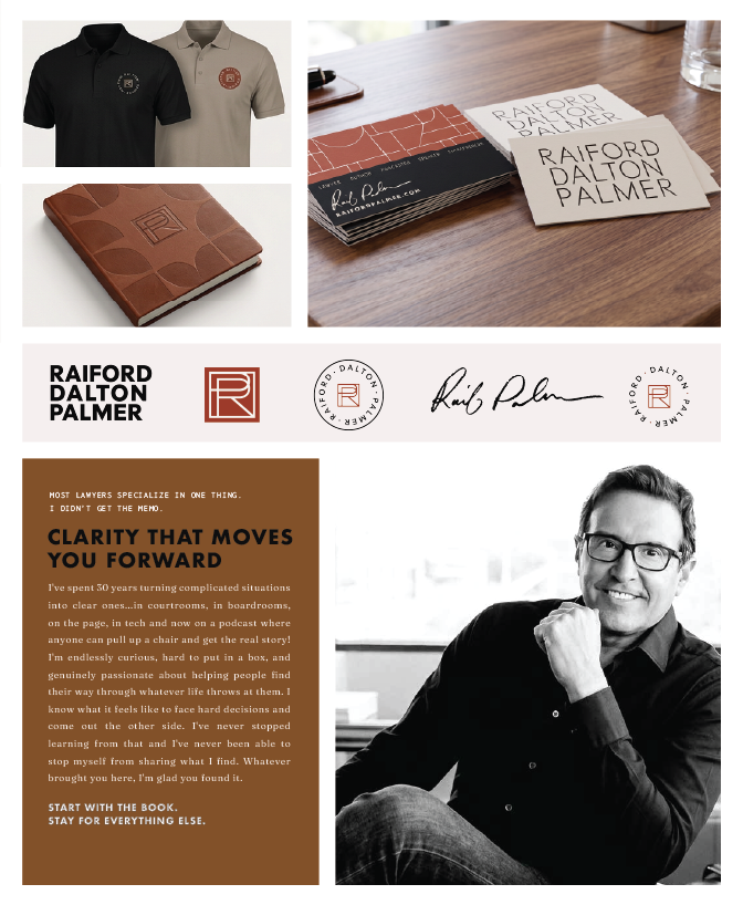 Collage of branding and merchandise for Raiford Dalton Palmer, including two polo shirts, a notebook with embossed logo, business cards, logos, and a black-and-white portrait of a man wearing glasses smiling.