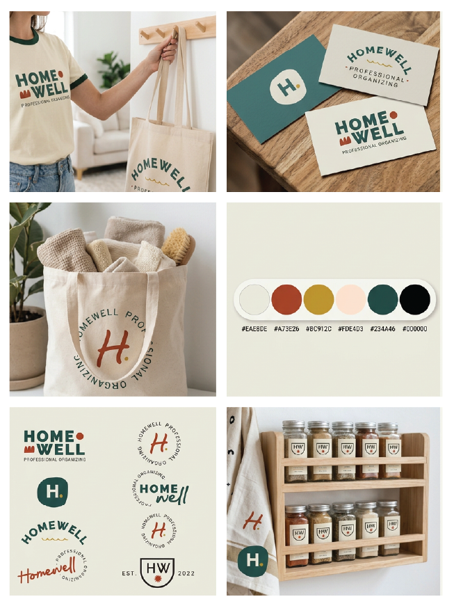 A branding collection for HomeWell Professional Organizing, including a person holding a tote bag with the logo, business cards, a canvas bag with supplies, color palette, logo variations, and labeled jars on a wall shelf.