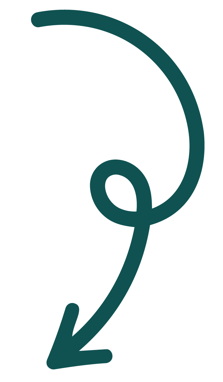 A teal-colored arrow with a circular loop in the middle pointing downward.