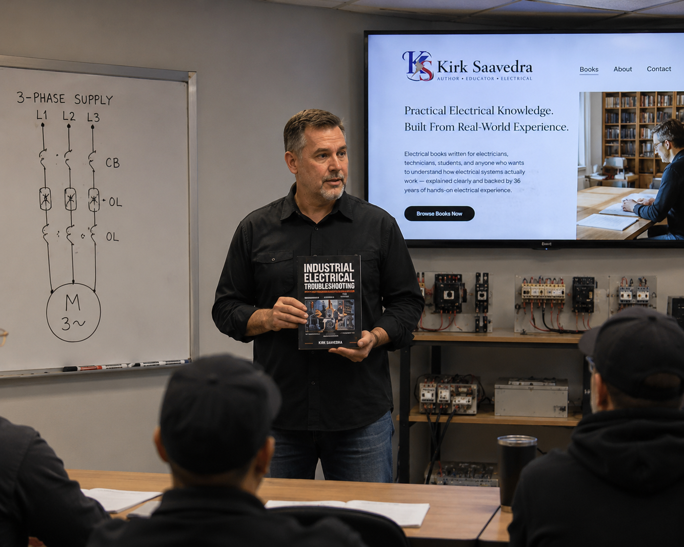 An instructor standing in a classroom holding a book titled 'Industrial Electrical Troubleshooting' in front of a whiteboard with an electrical diagram and a large screen displaying his website for electrical books. Several students are seated, listening to the lecture.