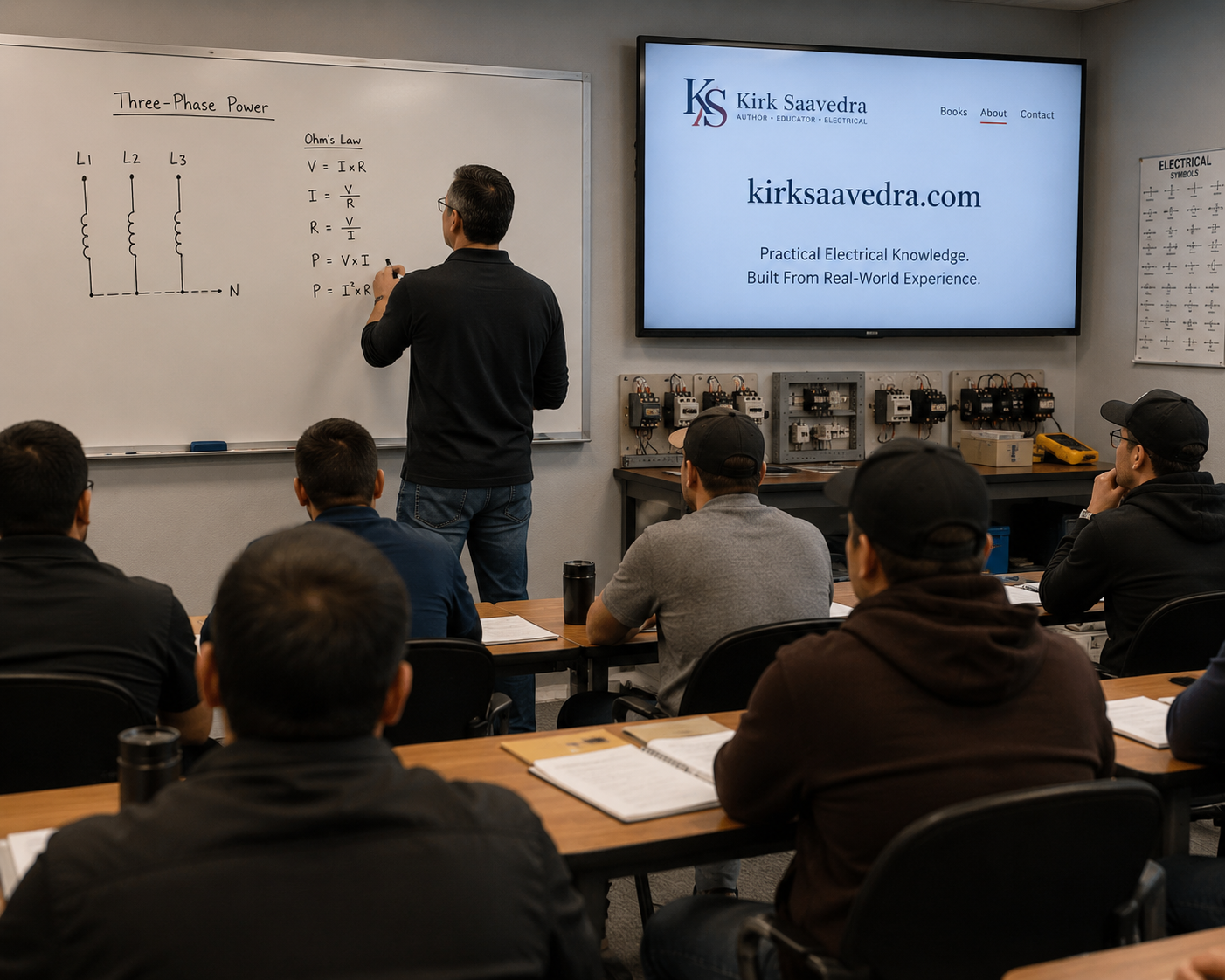 A classroom lecture on electrical engineering, with a teacher writing Ohm's Law on a whiteboard. Several students are seated, listening and taking notes. There is a large screen displaying the instructor's website and credentials.