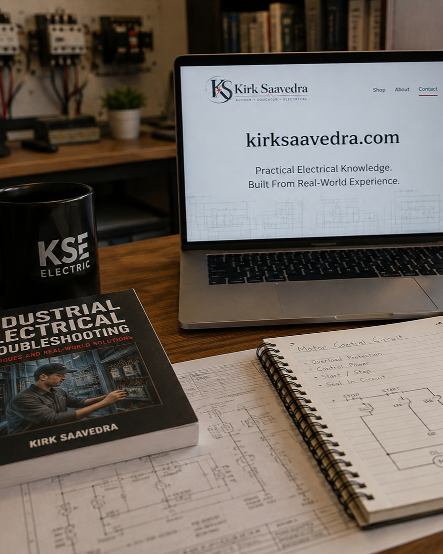 An open MacBook displaying kirk saavedra.com with the tagline 'Practical Electrical Knowledge. Built From Real-World Experience.' A black mug with the logo 'KSE Electric.' A book titled 'Industrial Electrical Troubleshooting' by Kirk Saavedra. A notebook with electrical circuit notes, and blueprints or schematics underneath on a wooden desk.