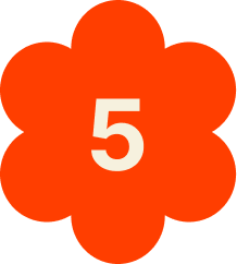 A red, flower-shaped background with the white number five in the center.