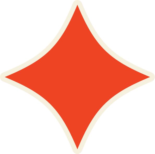 Red diamond-shaped graphic with cream-colored border