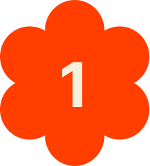 Orange flower-shaped badge with the number 1 in white in the center.